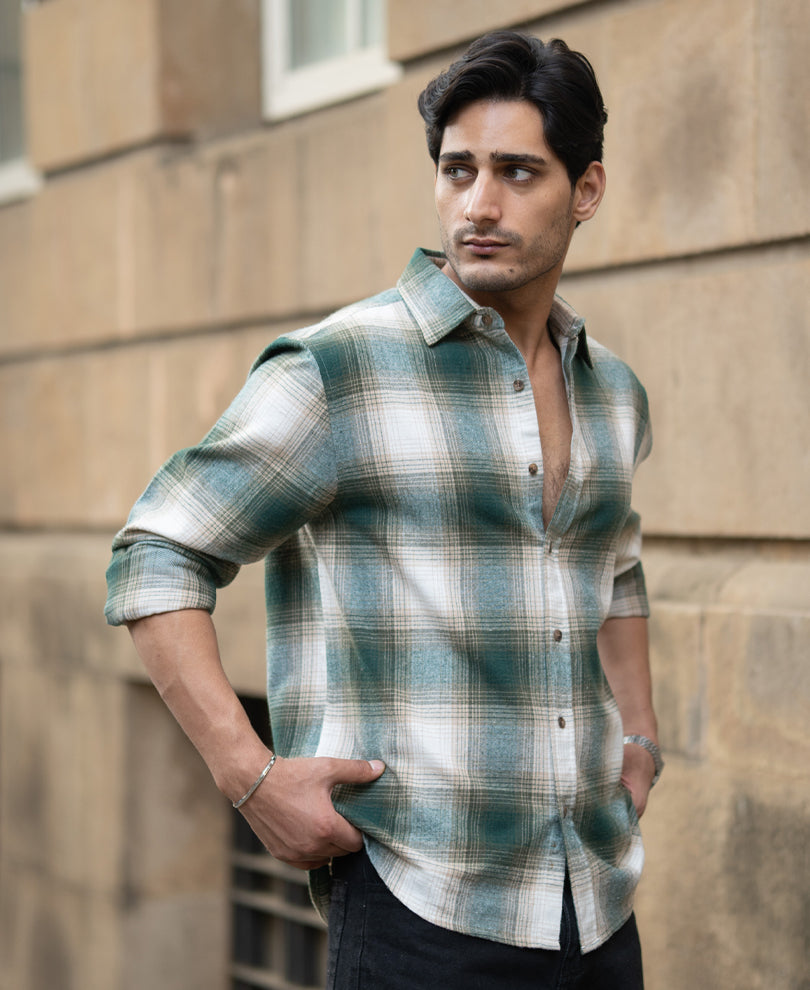 Green & Beige Flannel Checks Shirt