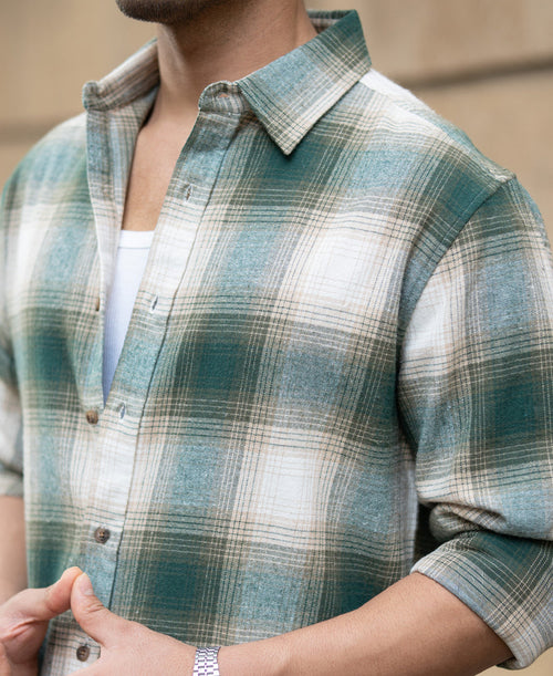 Green & Beige Flannel Checks Shirt