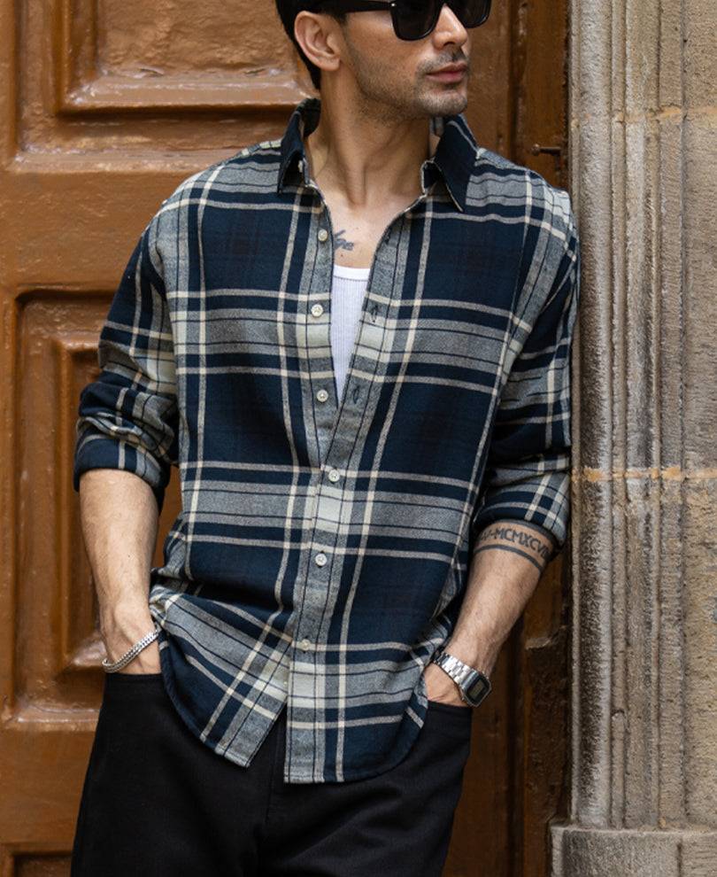 Navy Structured Check Shirt 100% cotton